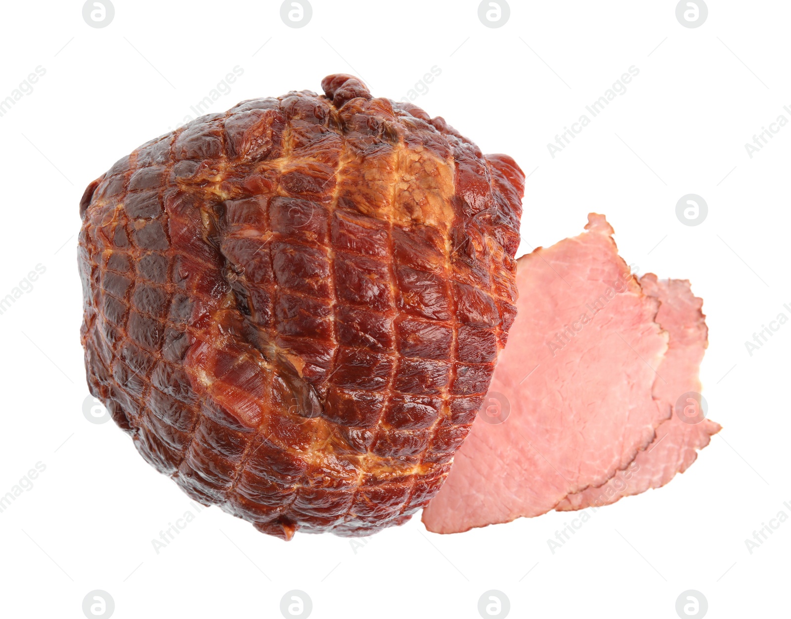 Photo of Sliced fresh delicious ham on white background, top view