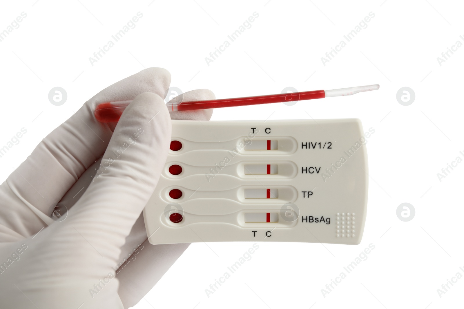 Photo of Doctor holding disposable express test for hepatitis and pipette with blood on white background, closeup