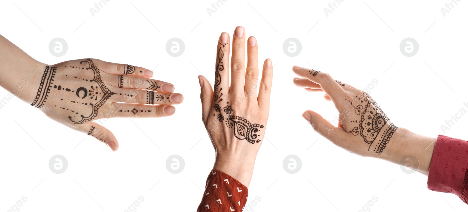 Image of Closeup view of women with henna tattoo on hands against white background, collage. Traditional mehndi ornament