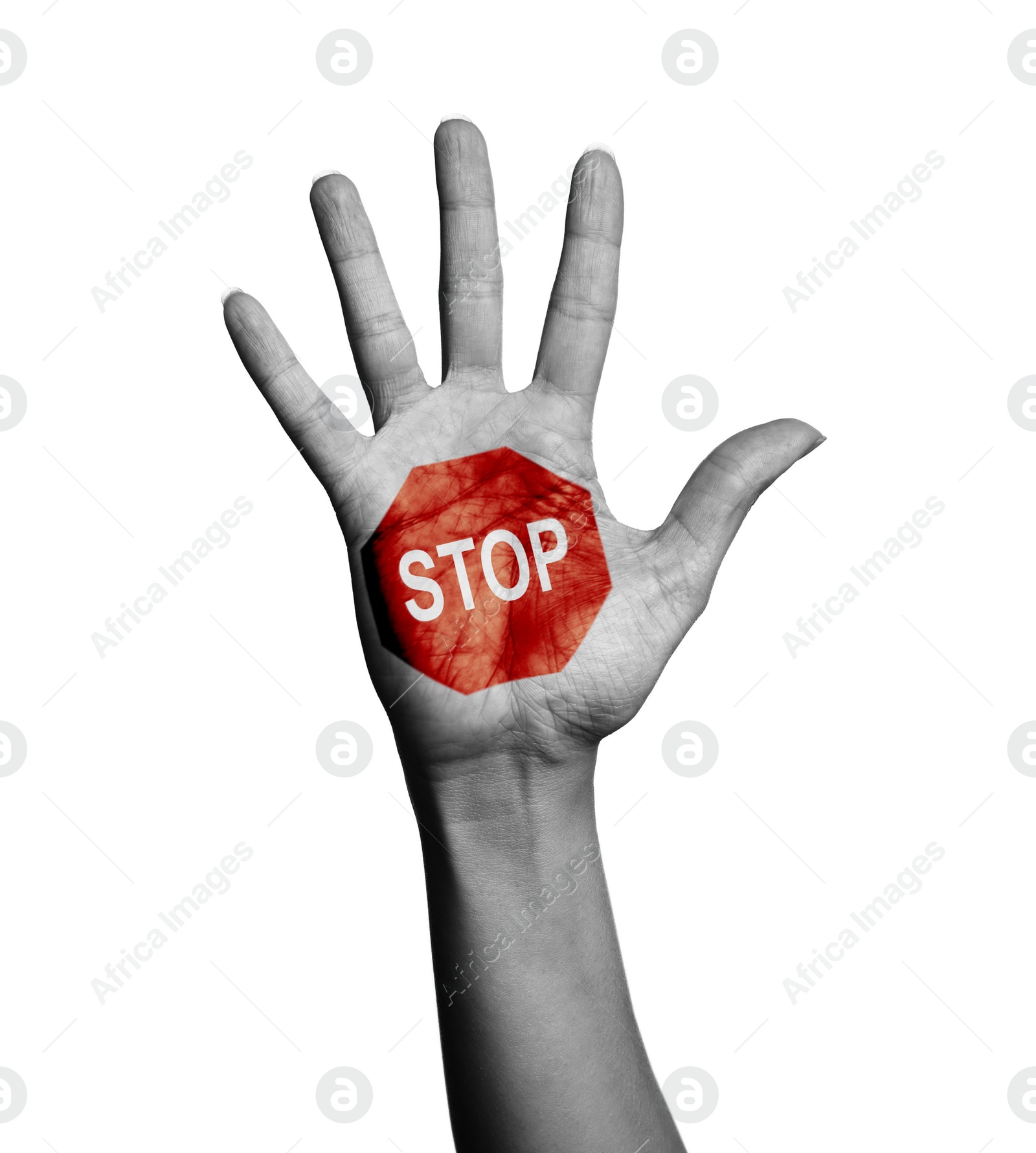 Image of Woman showing palm with drawn STOP sign on white background, closeup