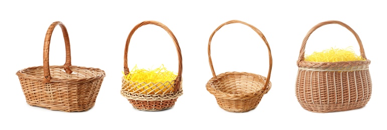 Image of Set with wicker baskets on white background, banner design. Easter item