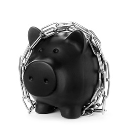 Photo of Piggy bank with steel chain isolated on white. Money safety concept