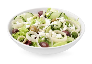Photo of Bowl of tasty salad with leek, olives and cheese isolated on white