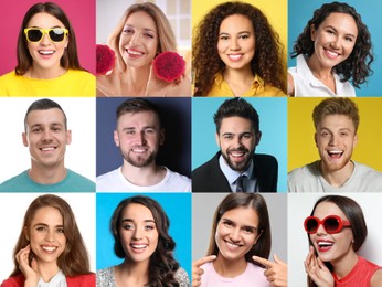 Image of Collage with photos of happy smiling people on different color backgrounds 