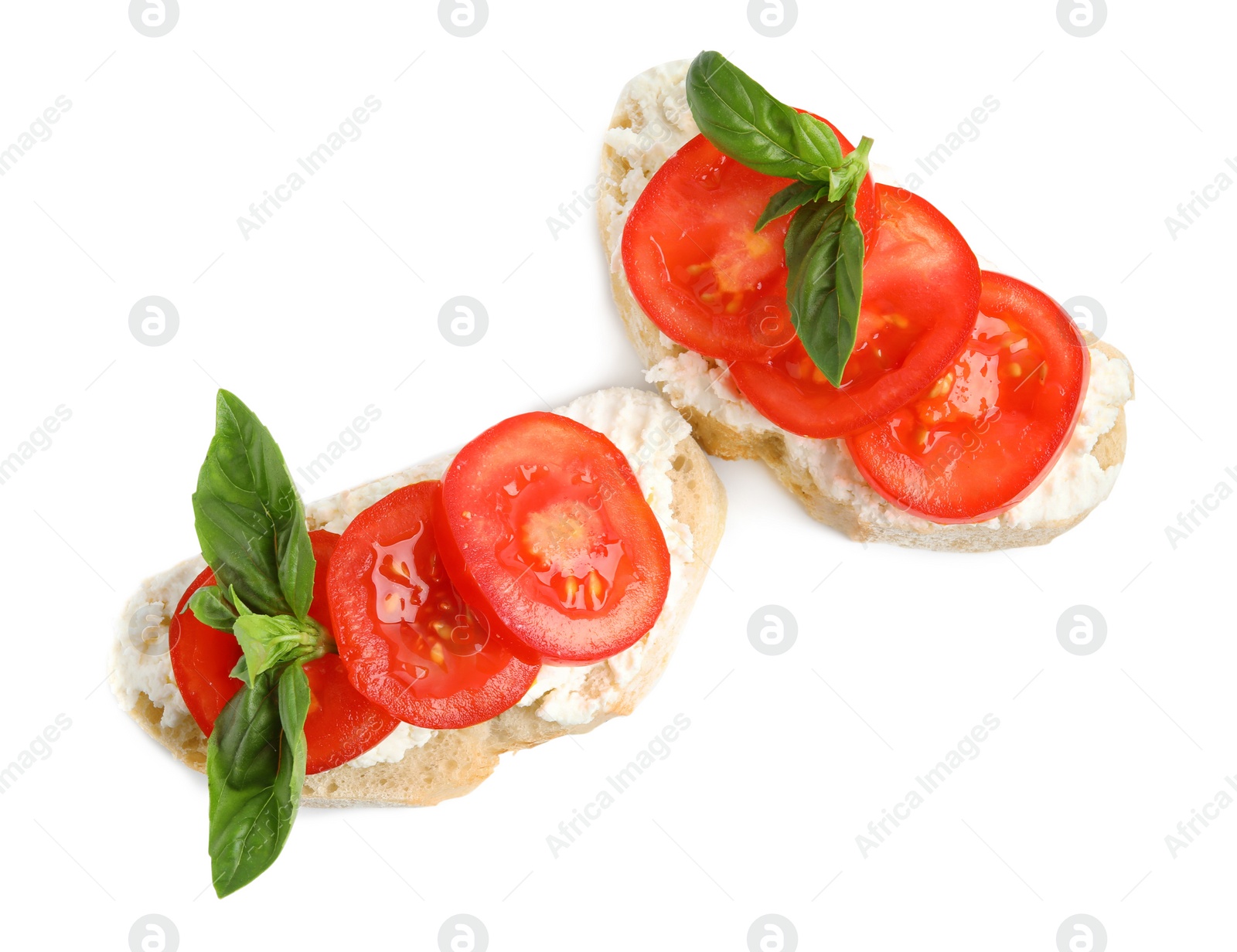 Photo of Tasty fresh tomato bruschettas on white background, top view