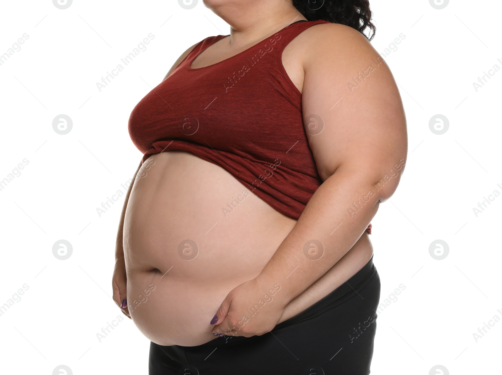 Photo of Overweight woman posing on white background, closeup