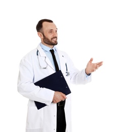 Photo of Portrait of male doctor with clipboard isolated on white. Medical staff