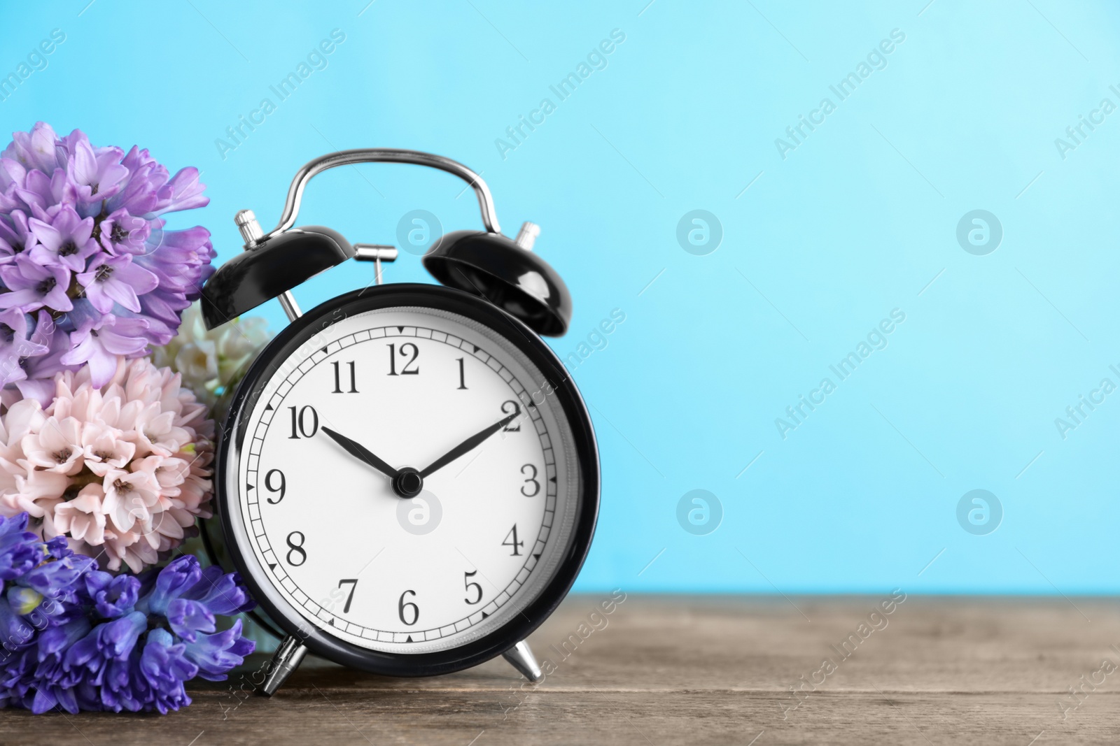 Photo of Black alarm clock and spring flowers on light blue background, space for text. Time change
