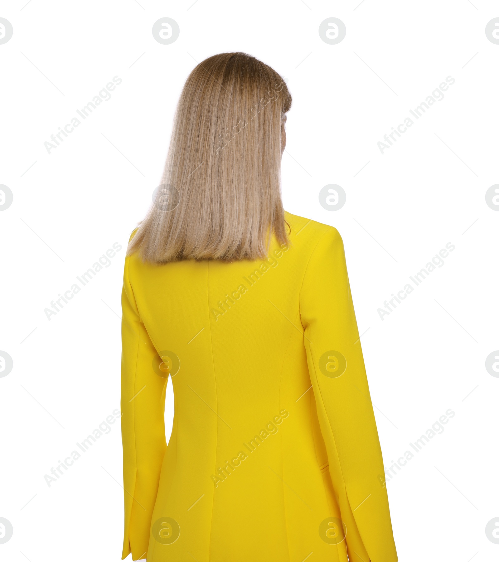 Photo of Businesswoman standing on white background, back view