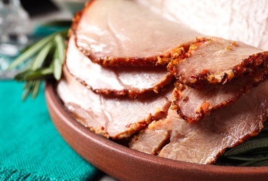 Photo of Delicious Christmas ham served on table, closeup