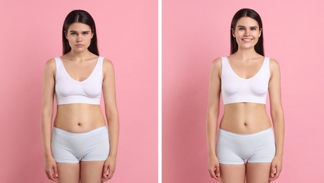 Image of Collage with portraits of woman before and after weight loss on pink background