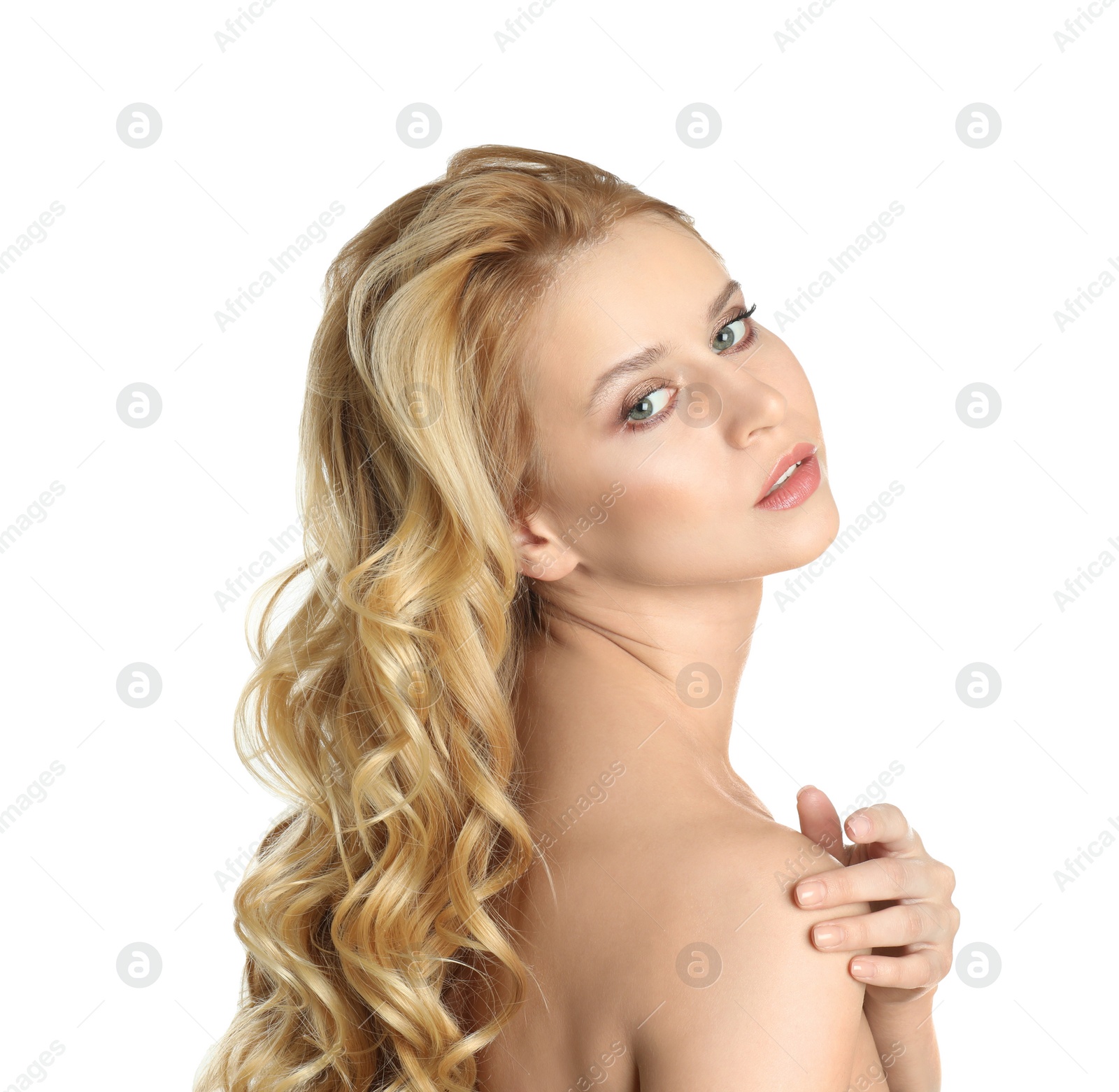 Photo of Portrait of beautiful woman with long blonde hair on white background