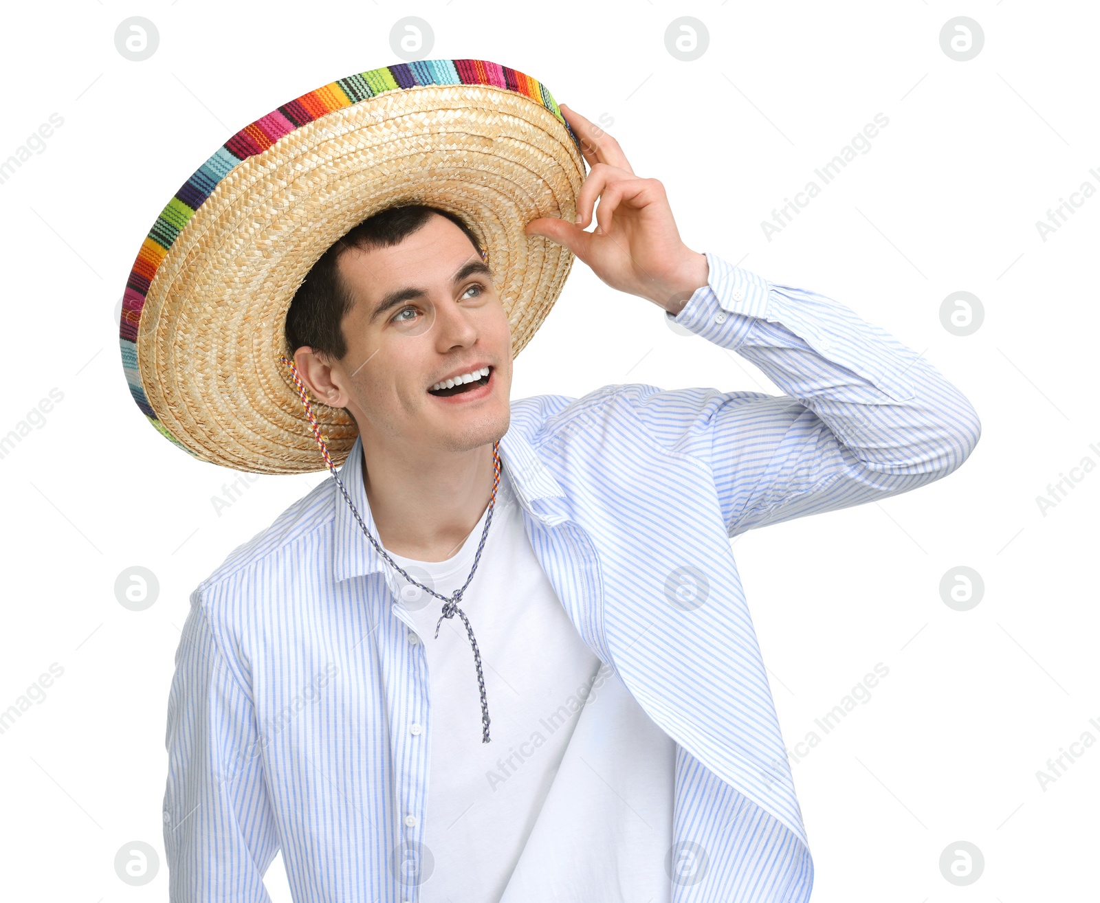 Photo of Young man in Mexican sombrero hat on white background