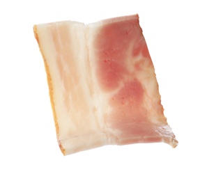 Cut fresh tasty bacon on white background