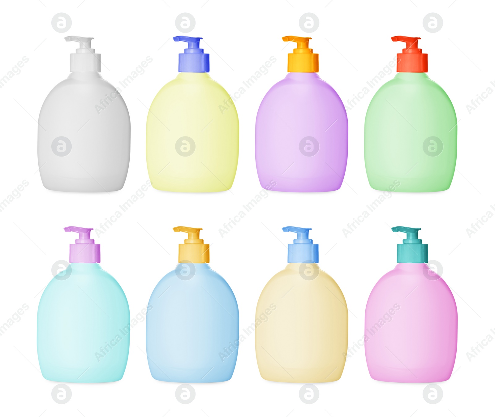 Image of Set with multicolored bottles of liquid soap on white background
