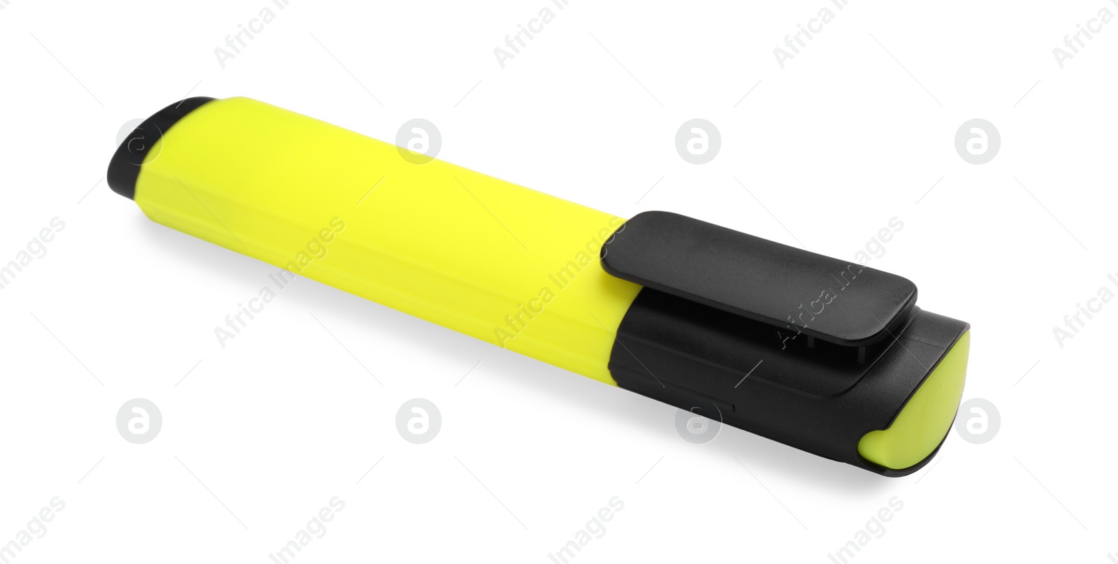 Photo of Bright yellow marker isolated on white. Office stationery