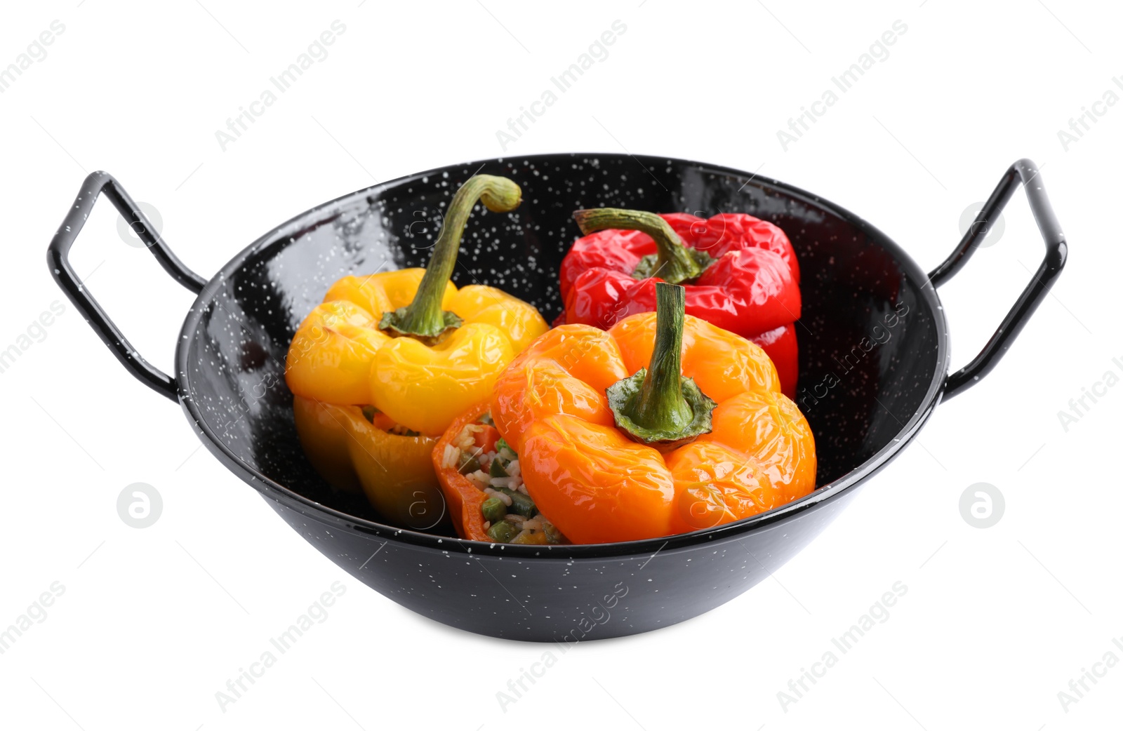 Photo of Tasty stuffed bell peppers in baking dish isolated on white