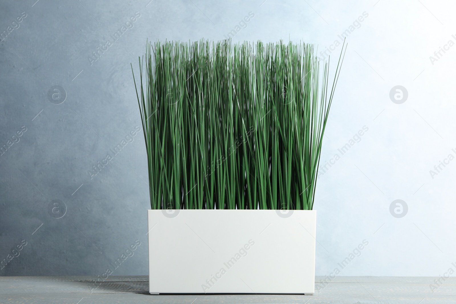 Photo of Artificial plant in flower pot on light grey wooden table