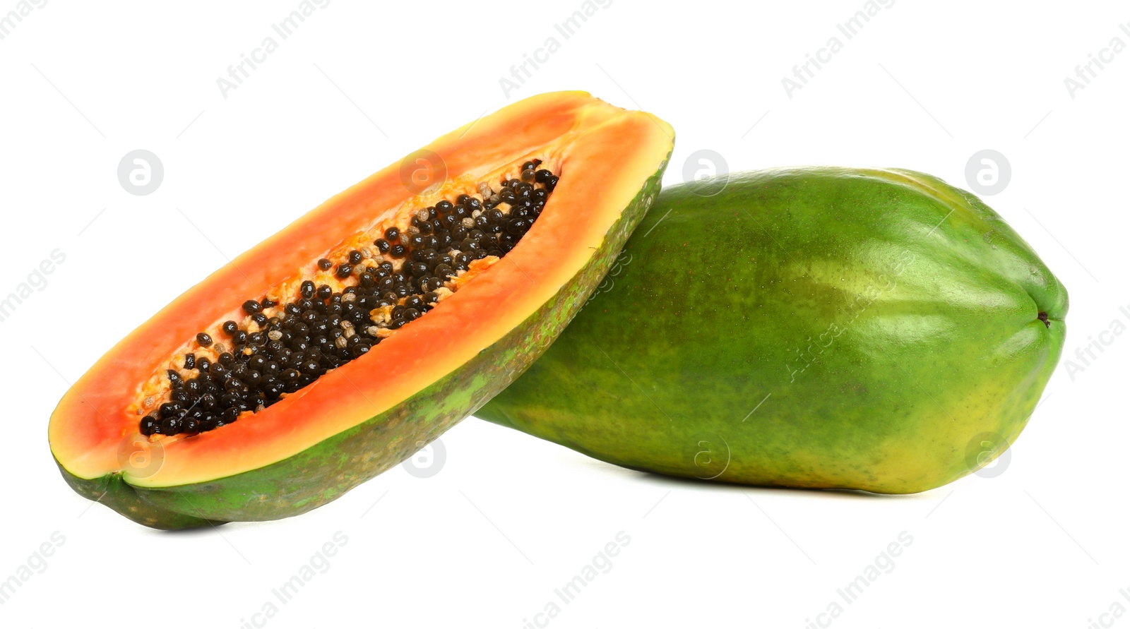 Photo of Fresh juicy ripe papayas on white background