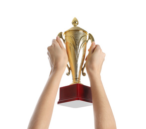 Woman holding gold trophy cup on white background, closeup