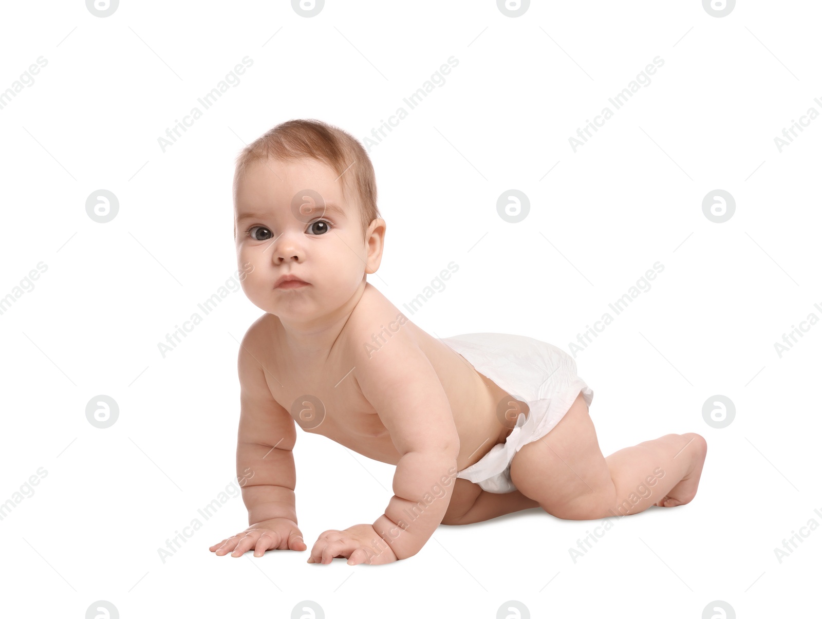 Photo of Cute little baby in diaper crawling on white background