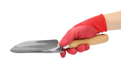 Woman in gardening glove holding trowel on white background, closeup