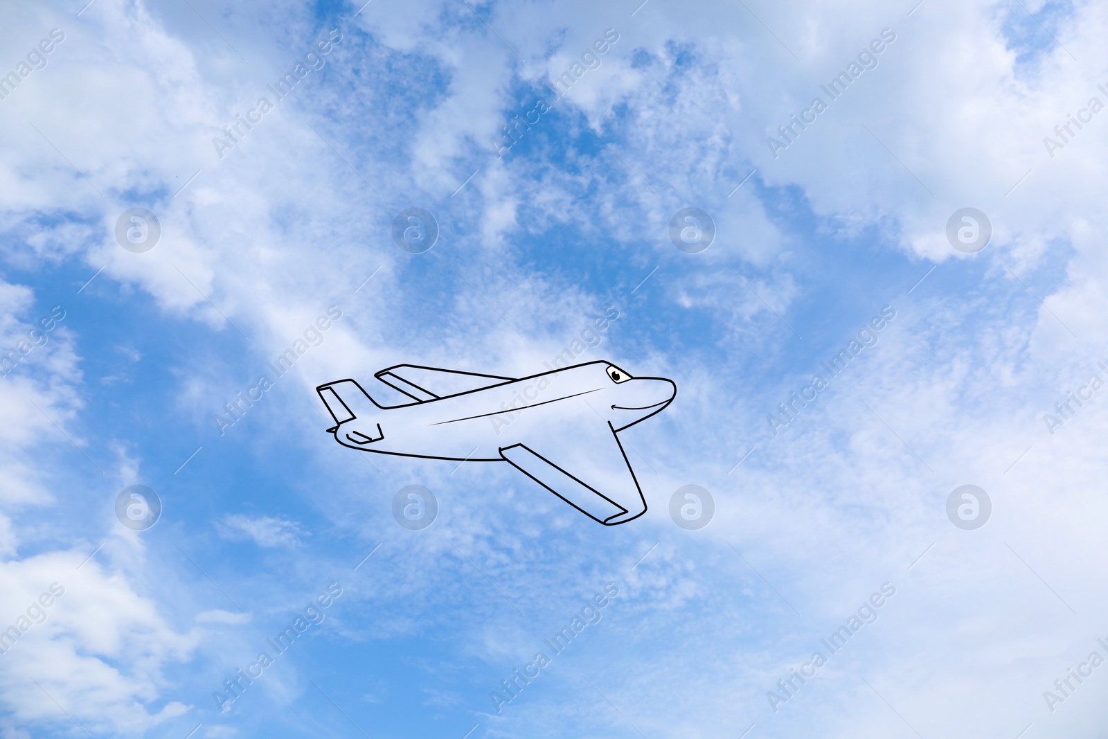 Image of Imagination and creativity. Fluffy cloud in shape of plane with drawn outline in blue sky