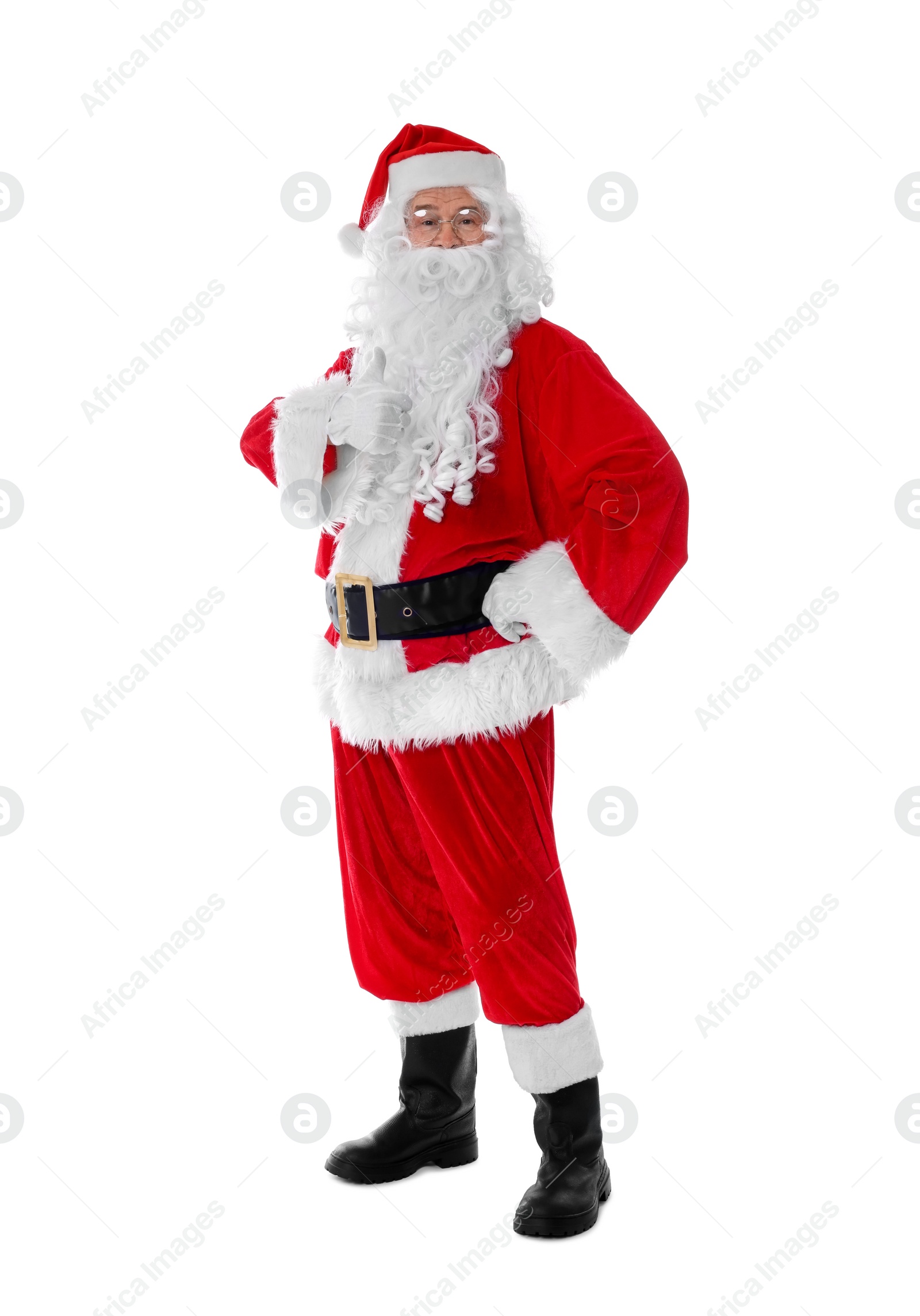 Photo of Man in Santa Claus costume posing on white background