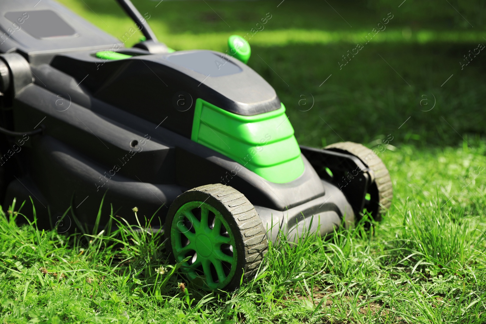 Photo of Cutting green grass with lawn mower in garden