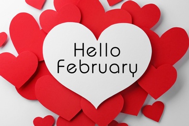 Image of Greeting card with text Hello February. Many red paper hearts and one with text on white background, flat lay