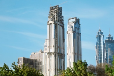 DUBAI, UNITED ARAB EMIRATES - NOVEMBER 03, 2018: Landscape with luxury hotels on sunny day