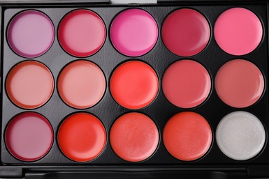 Cream lipstick palette as background, top view. Professional cosmetic product