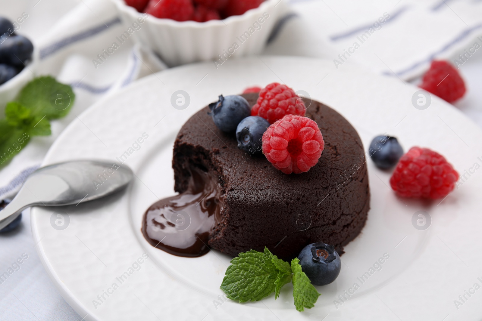 Photo of Delicious chocolate fondant, berries and mint on plate, closeup