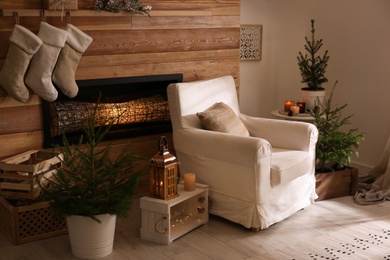 Potted fir trees and Christmas decorations in room with fireplace. Stylish interior design