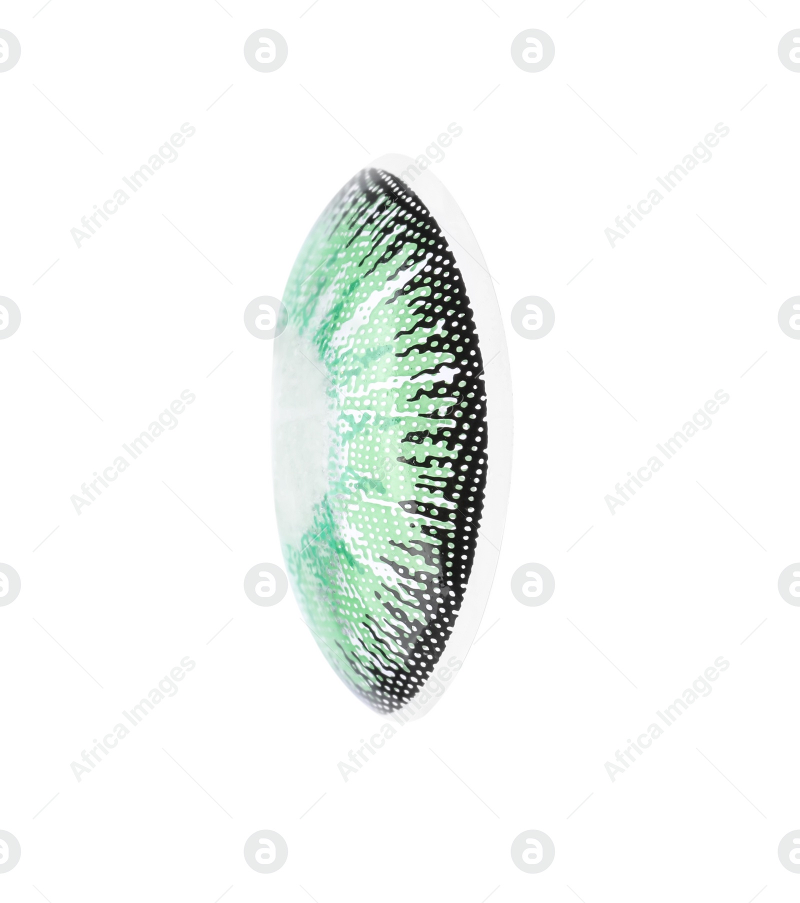 Photo of One green contact lens isolated on white