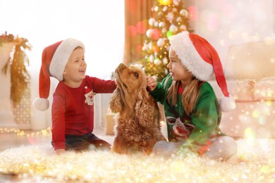 Cute little kids with English Cocker Spaniel in room decorated for Christmas. Magical festive atmosphere