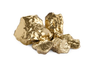 Pile of shiny gold nuggets on white background