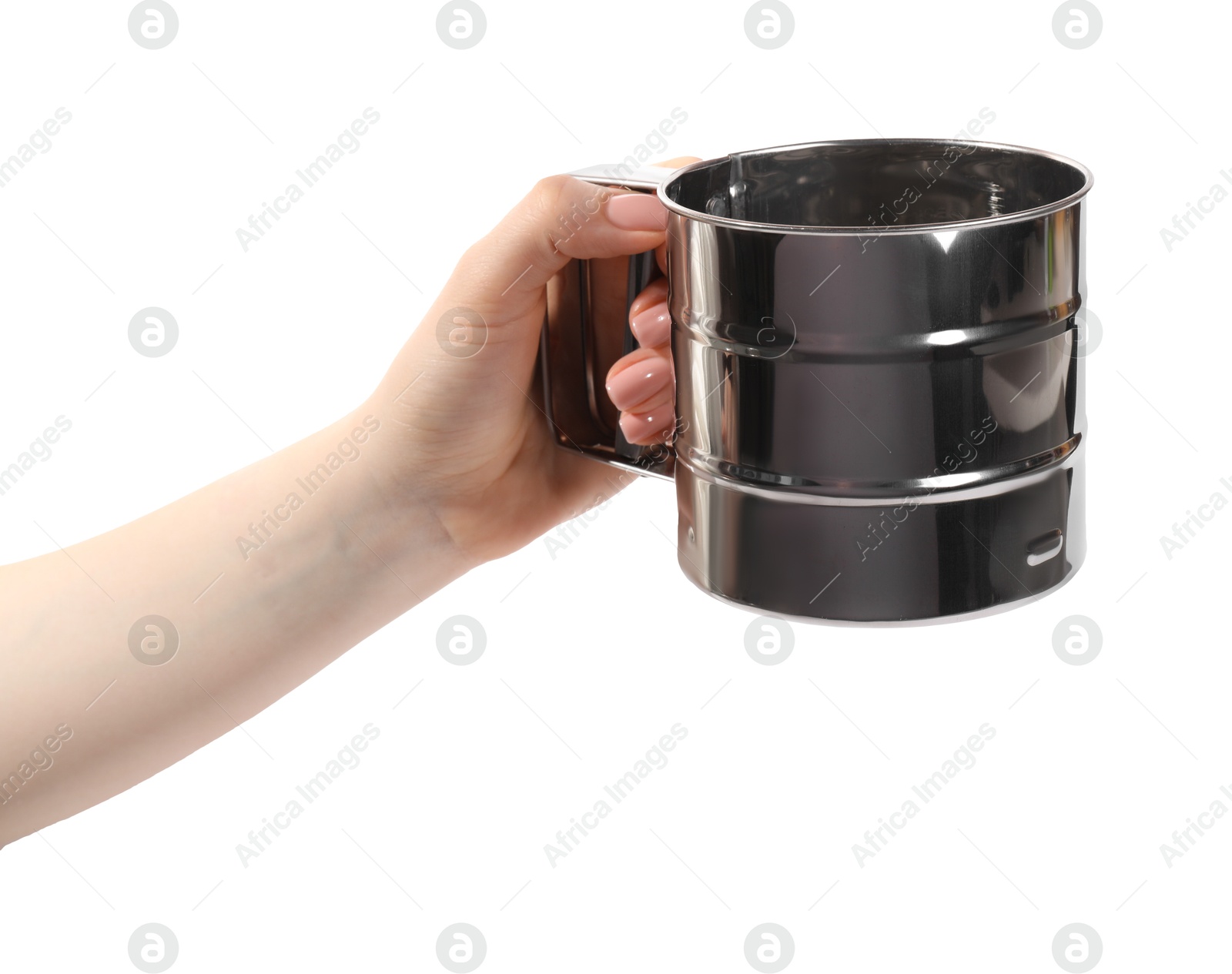 Photo of Woman with flour sifter on white background, closeup