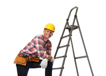 Photo of Professional constructor near ladder on white background