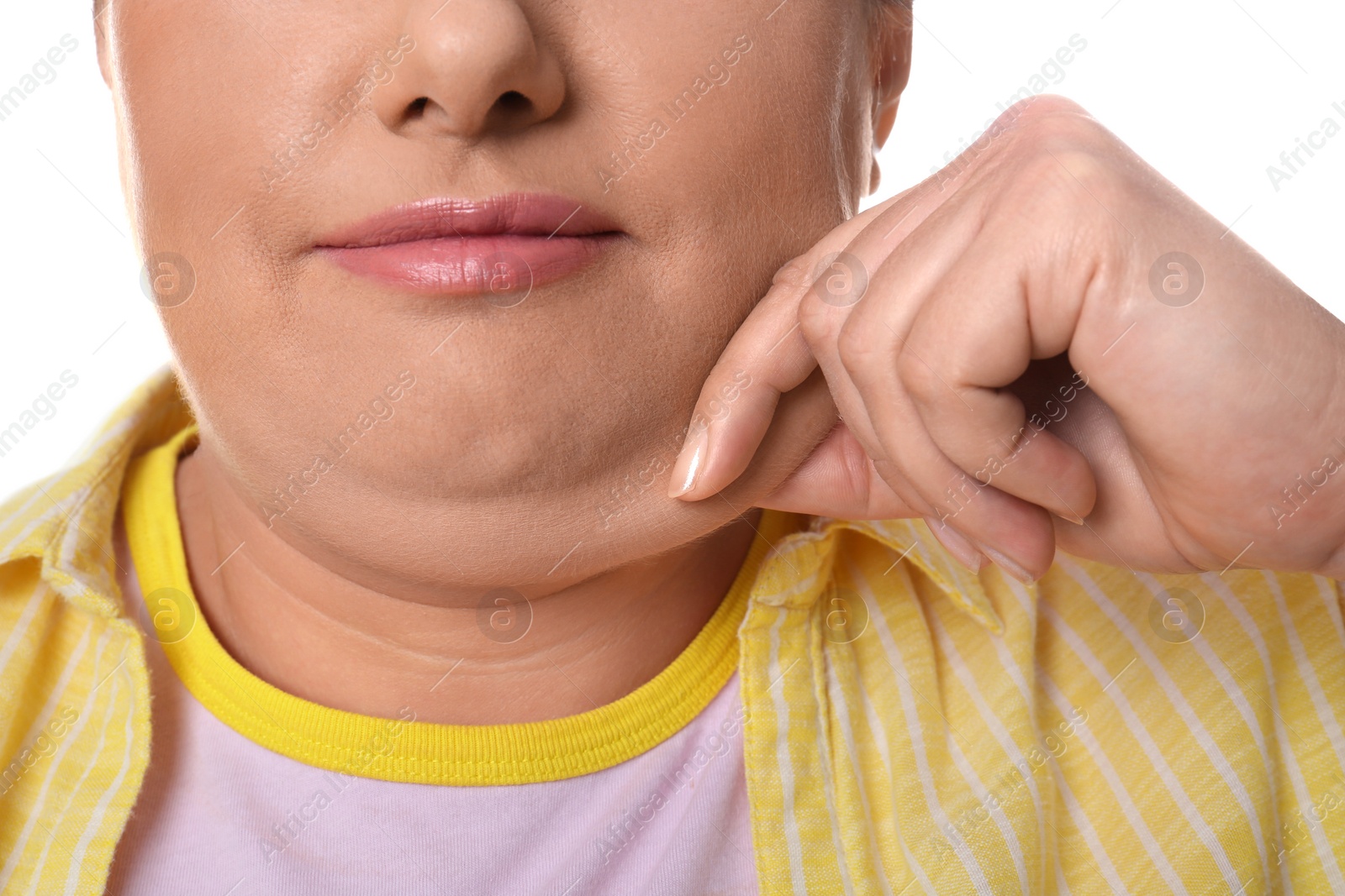 Photo of Woman with double chin on white background, closeup