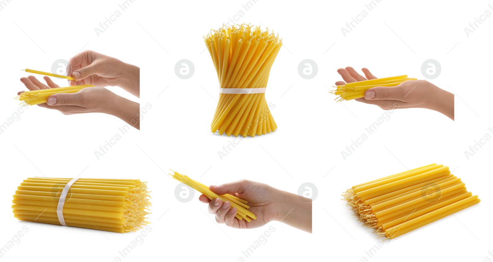 Image of Collage with church candles on white background. Photos of woman, closeup.