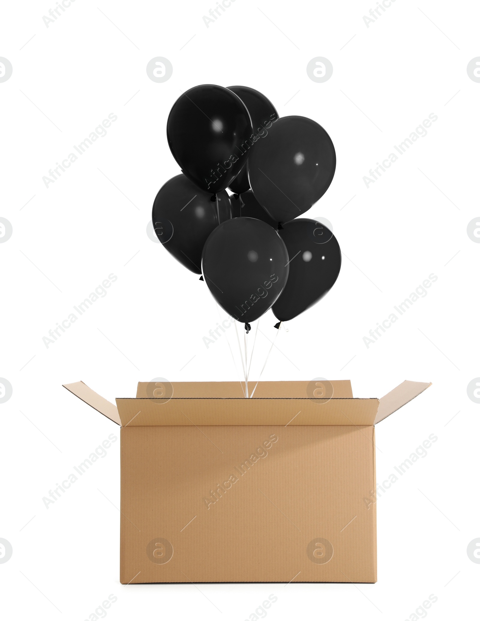 Image of Black Friday concept. Box with bunch of balloons on white background