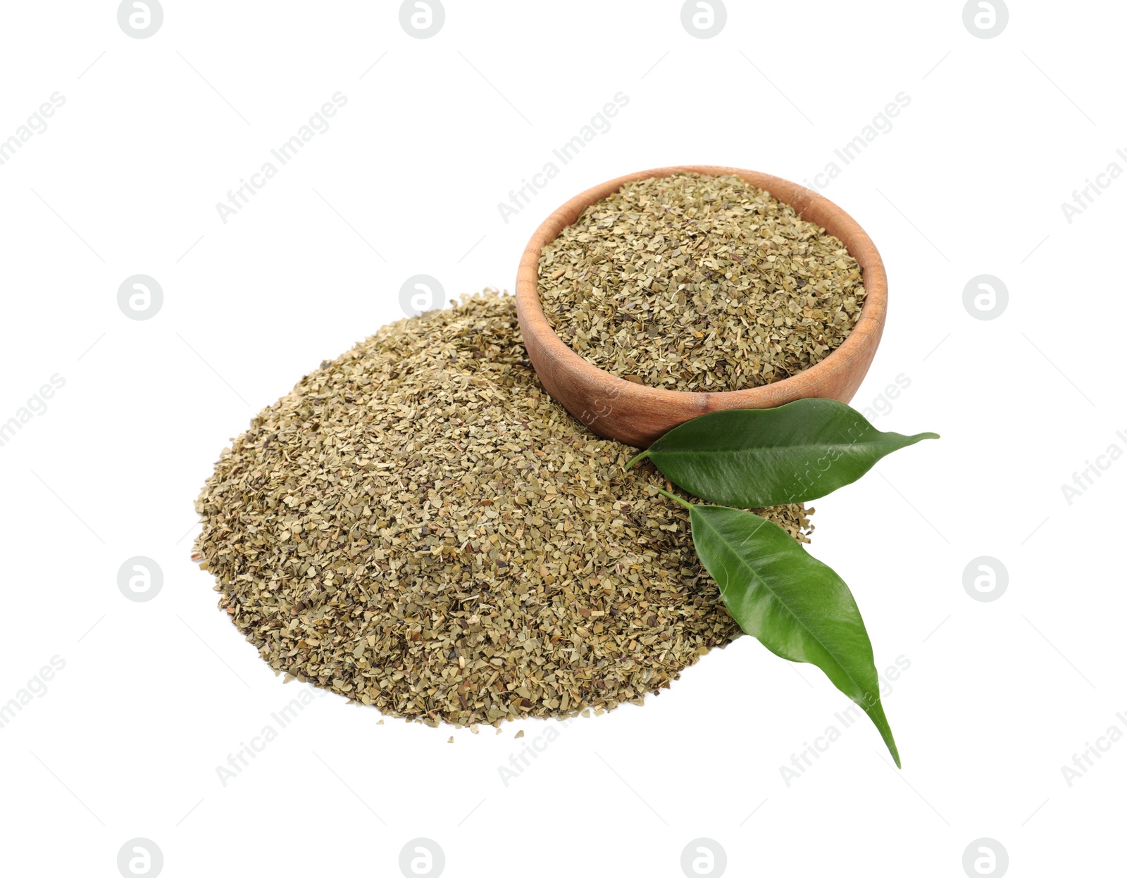 Photo of Wooden bowl with aromatic mate tea on white background