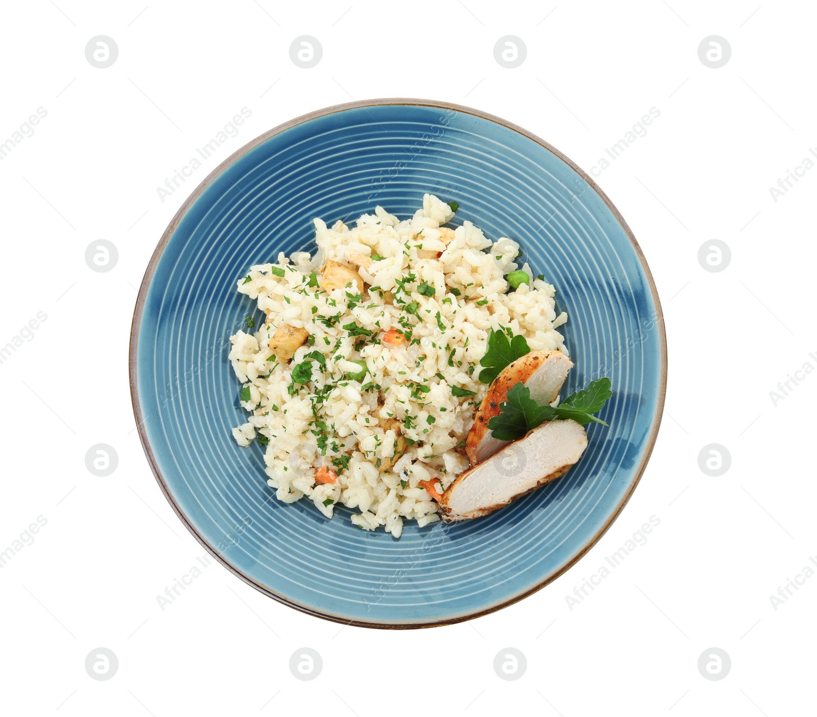 Photo of Delicious chicken risotto isolated on white, top view