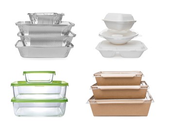 Image of Set with different containers for food on white background