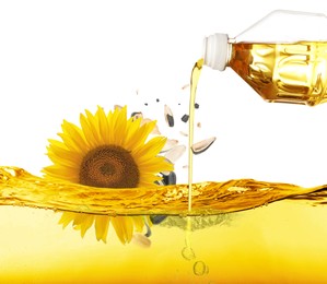 Image of Pouring sunflower oil and falling seeds on white background