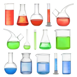 Set of laboratory glassware with colorful liquids on white background