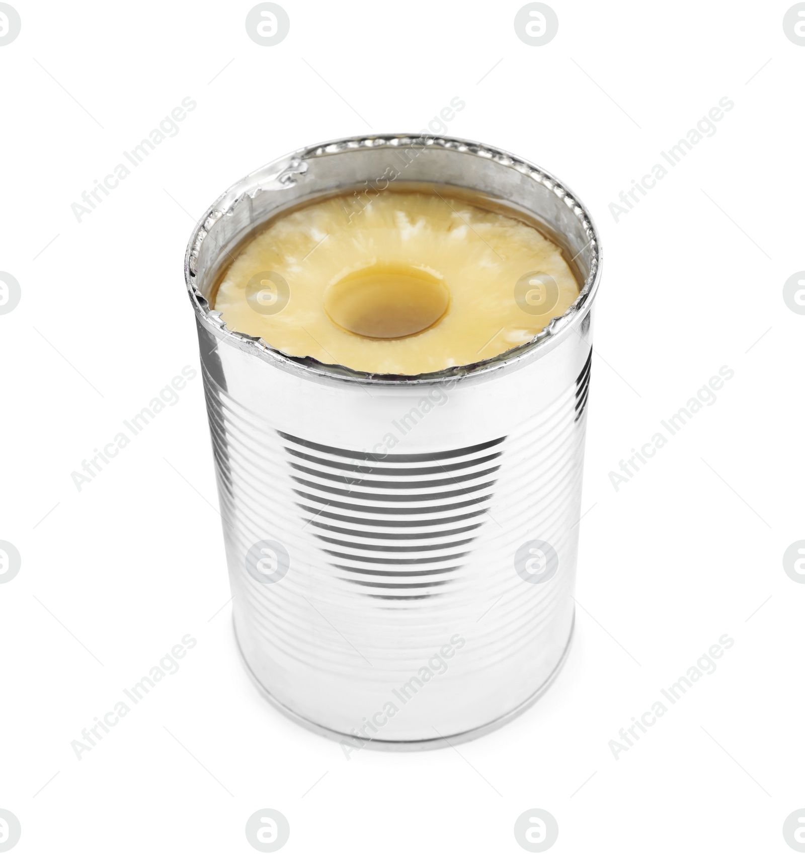 Photo of Open tin with canned pineapple isolated on white