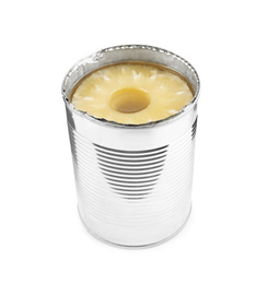 Photo of Open tin with canned pineapple isolated on white