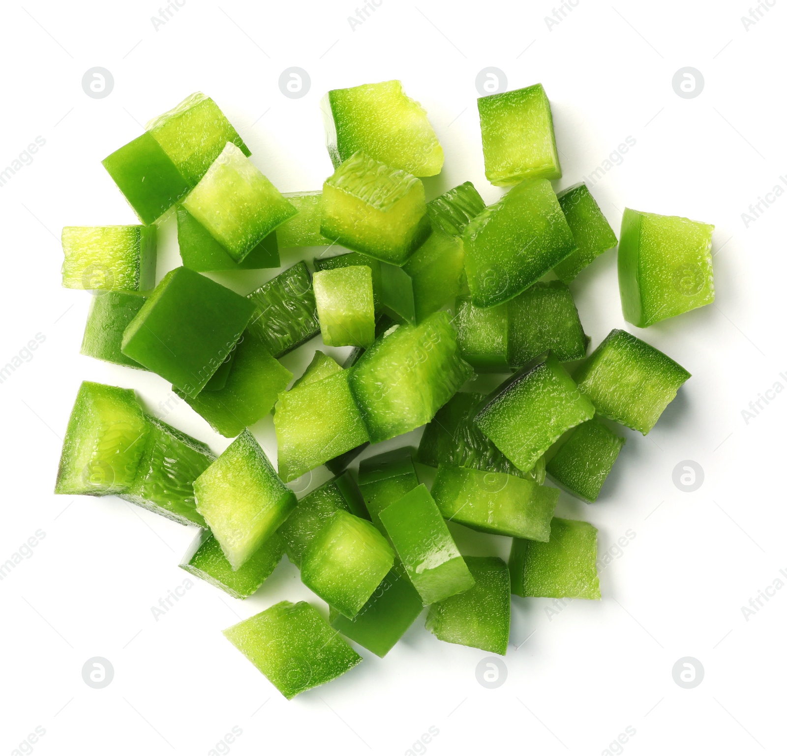 Photo of Pile of chopped green bell pepper on white background, top view